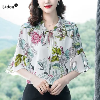 Элегантная мода с половиной рукава и цветочным принтом шифоновая рубашка летняя женская одежда корейская всематчевая блузка на шнуровке с V-образным вырезом для женщин