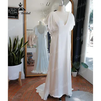 Элегантное мягкое атласное свадебное платье с V-образным вырезом и открытой спиной с рукавом-шапкой 2023 Свадебное платье на заказ Roycebridal