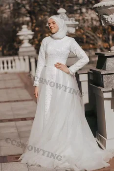 Элегантное тюлевое кружевное мусульманское свадебное платье для невесты Дубай Длинный рукав Высокий вырез Платье невесты Хиджаб Халат De Soirée De Mariage