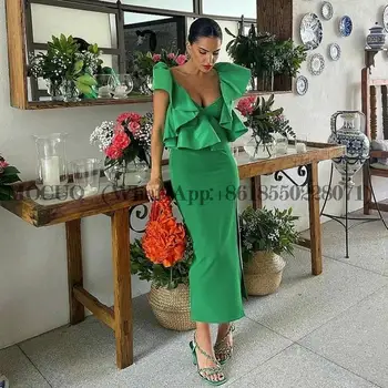 Элегантный зеленый атлас вечерние платья плиссе колпак рукава чай длина выпускного платья леди формальное платье для особых случаев
