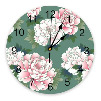 Японские винтажные розовые пионы настенные часы большие современные кухонные столовые круглые настенные часы спальня бесшумные висячие часы